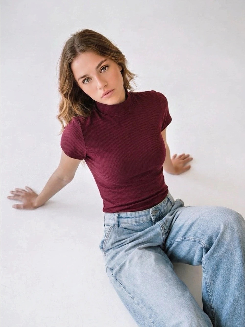 Express Ribbed Mock Neck Short Sleeve Tee Top in Burgundy Size Large NWT